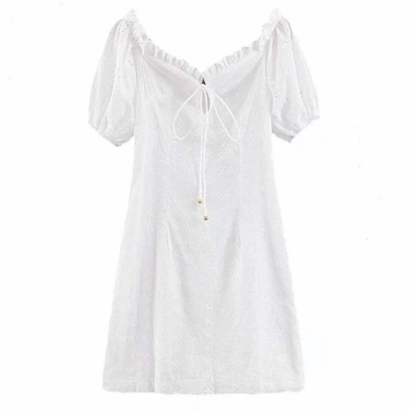 White Crochet Eyelet Lace Square Neck LaceUp Dress - Picture 8 of 11